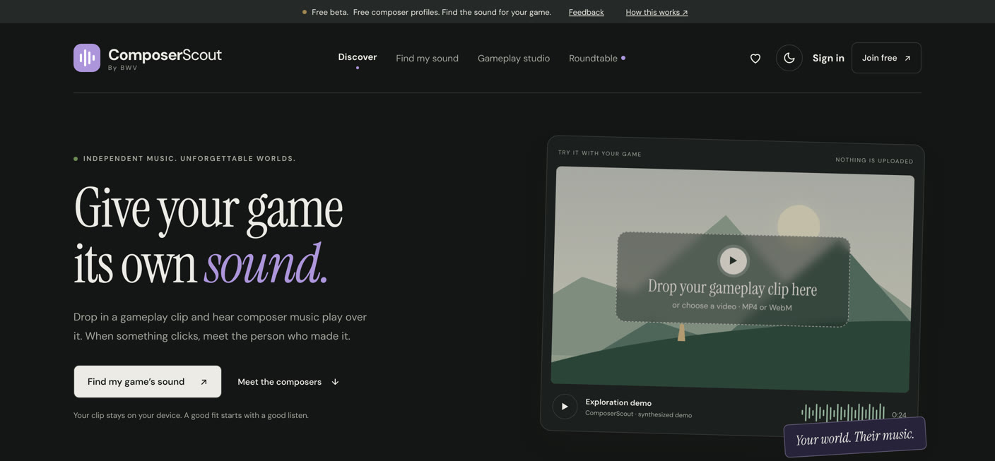 ComposerScout home page: Give your game its own sound, with a drop zone for a gameplay clip and the Exploration demo track