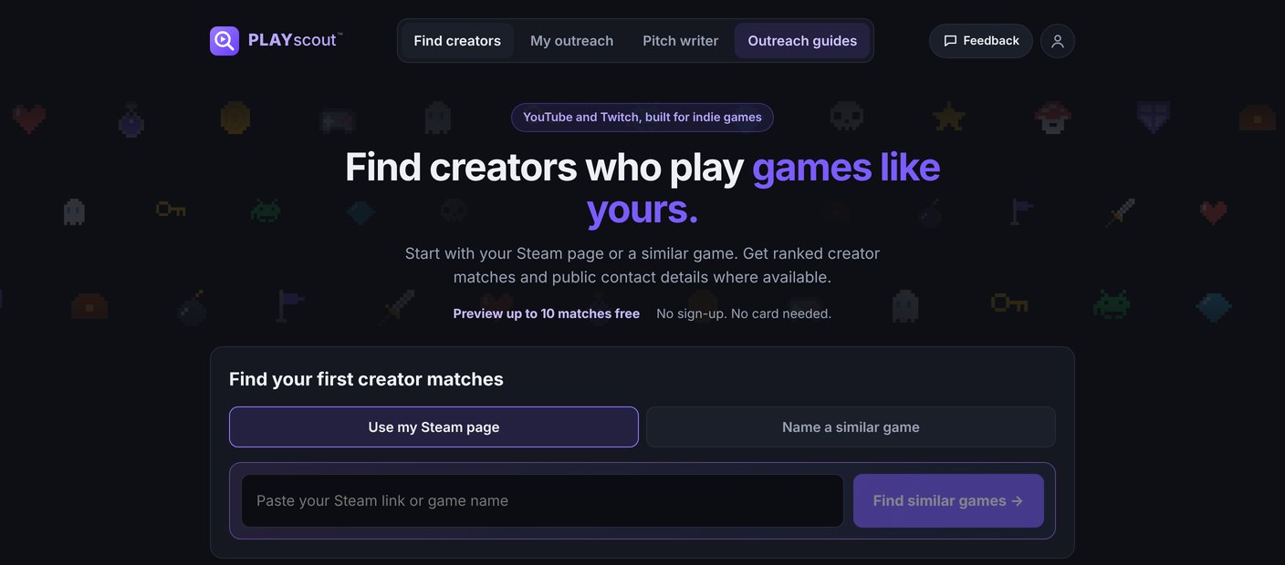 PlayScout's home page, where you paste your Steam page or name a similar game to find creator matches