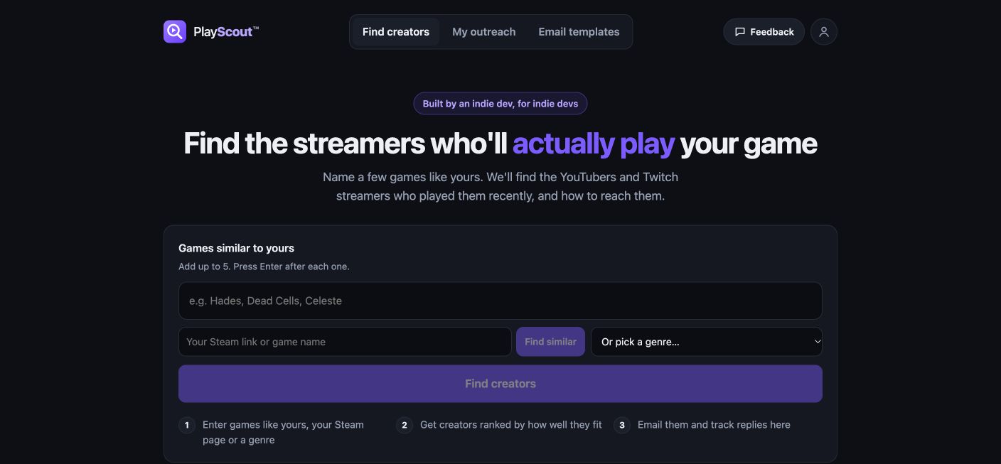 PlayScout search screen with similar games, Steam link, and genre inputs